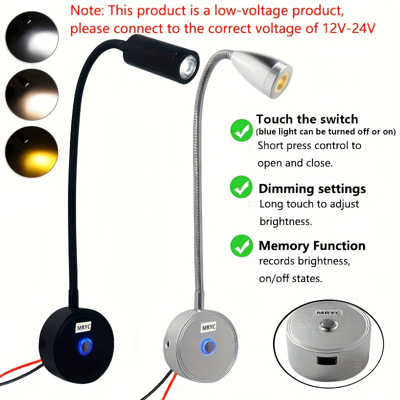 RV reading light 12V, camper van LED spotlight interior lamp bedside light, dimmable and color-adjustable, suitable for boats, trailers, vans and RVs