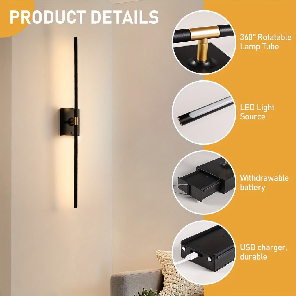 /2-Piece Modern Black Gold Cordless Wall Light with Remote Control and USB Charging, Rechargeable Lithium Battery Powered (No Plug-In Required), Stepless Dimming Sleep Mode and Memory Function, 3-Color Stepless Dimming