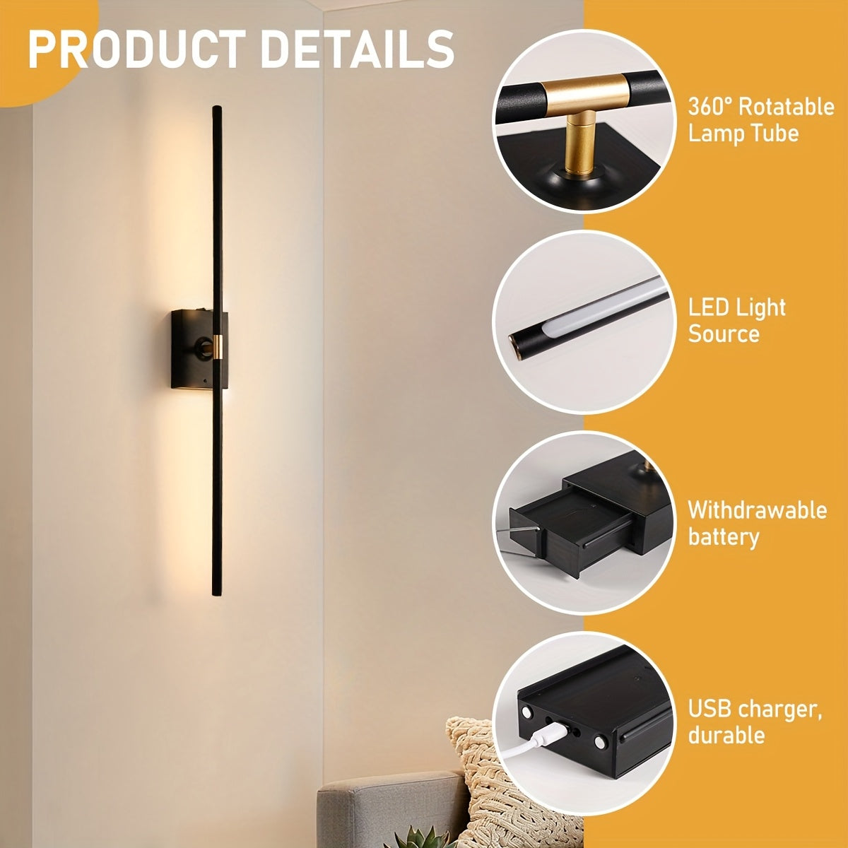 /2-Piece Modern Black Gold Cordless Wall Light with Remote Control and USB Charging, Rechargeable Lithium Battery Powered (No Plug-In Required), Stepless Dimming Sleep Mode and Memory Function, 3-Color Stepless Dimming