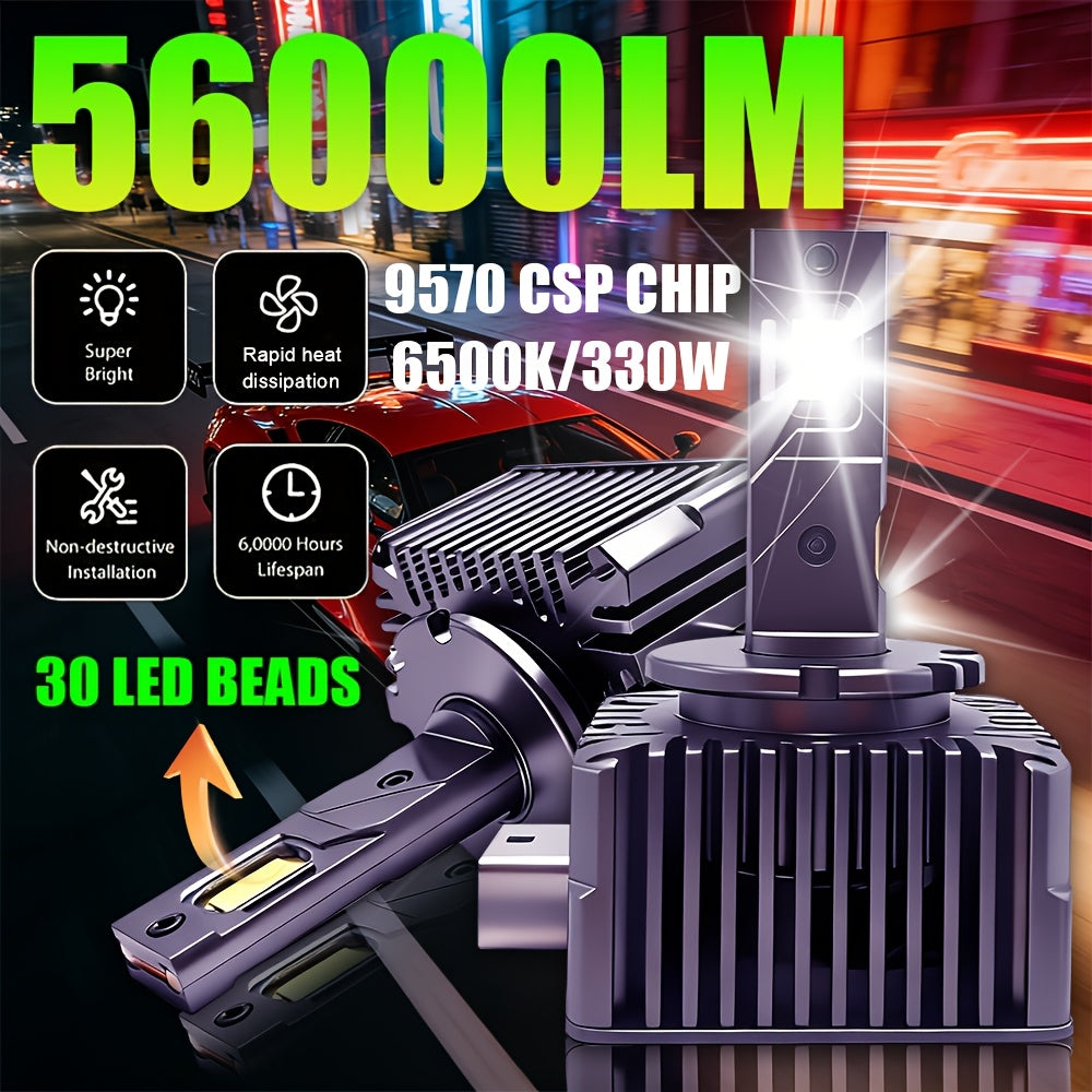 2-Pack LED Car Lights - D1s/D1R, D2s/D2R, D3s/D3R, D4s/D4R - 56000 Lumens, 6500K Cool White Light, 330W High/Low Beam Dual Mode, Illumination Distance 7874.02 inches, Super Bright LED Chips, No Battery Needed