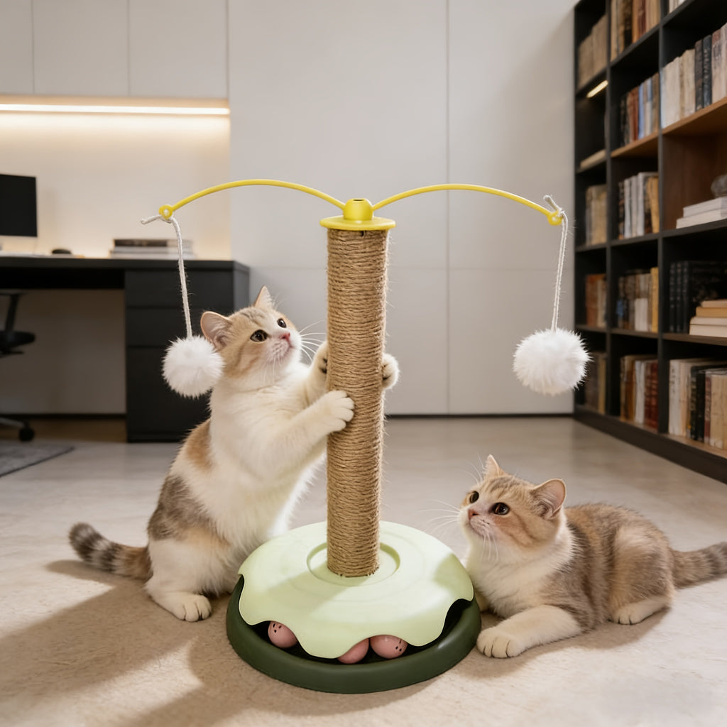 三合一一体式猫抓柱，高19.29英寸，带11.81英寸稳固底座，采用耐用天然剑麻材质，配有轨道滚球和悬挂绒球逗猫棒，集互动活动中心与趣味运动玩具于一体，适用于室内幼猫和成年猫