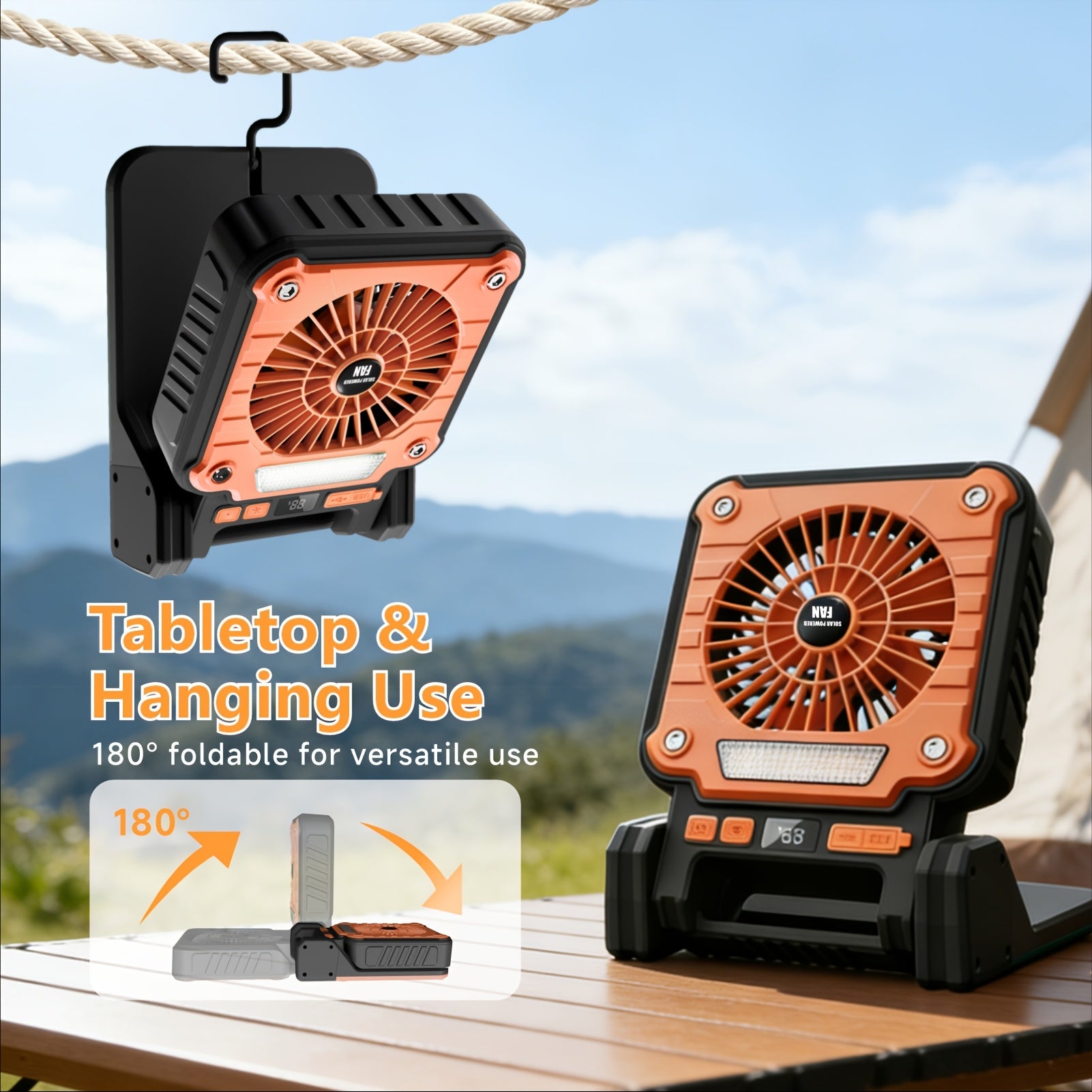 Portable Camping Fan, USB & Solar Charging, 3 Wind Speed Levels, Digital Power Display, 5 Lighting Modes, Emergency Light, Built-in Hook, Ideal for Camping & Auto Repair, Comes with Storage Bag