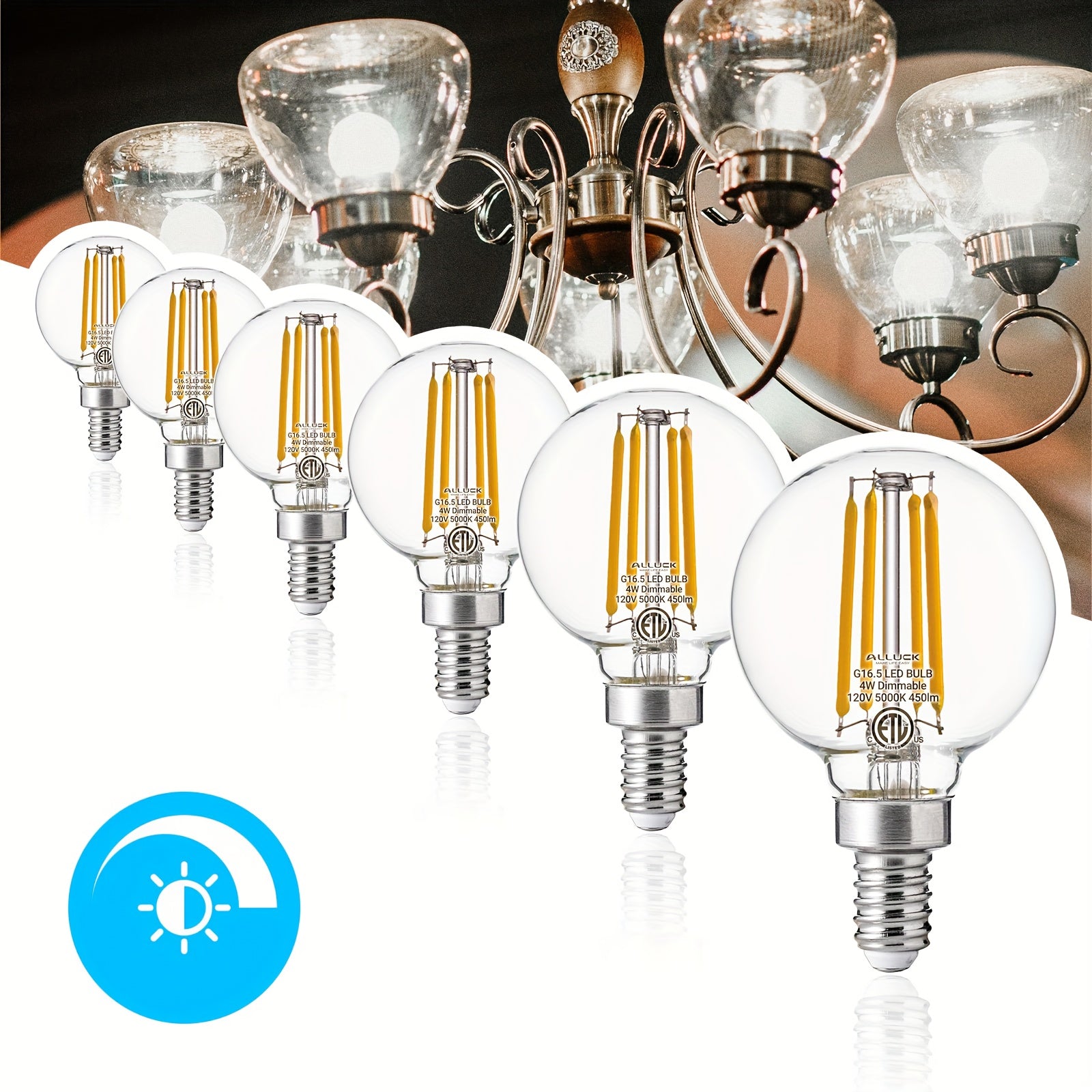 6-pack, G16.5 candelabra globe bulb, 4 watt 120V LED bulb, 450 lumens, 2700K warm white, 5000K cool white, E12 base Edison G50 LED bulb, G50 globe bulb suitable for chandeliers, vanity lights and pendant lights
