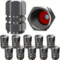 12-Pack Heavy Duty Tire Valve Caps – Hexagon Design, Dustproof O-Ring Rubber Seal, Lightweight Aluminum Alloy, Gunmetal Gray with Red Knob, All-Weather Leak-Proof for Outdoor Use