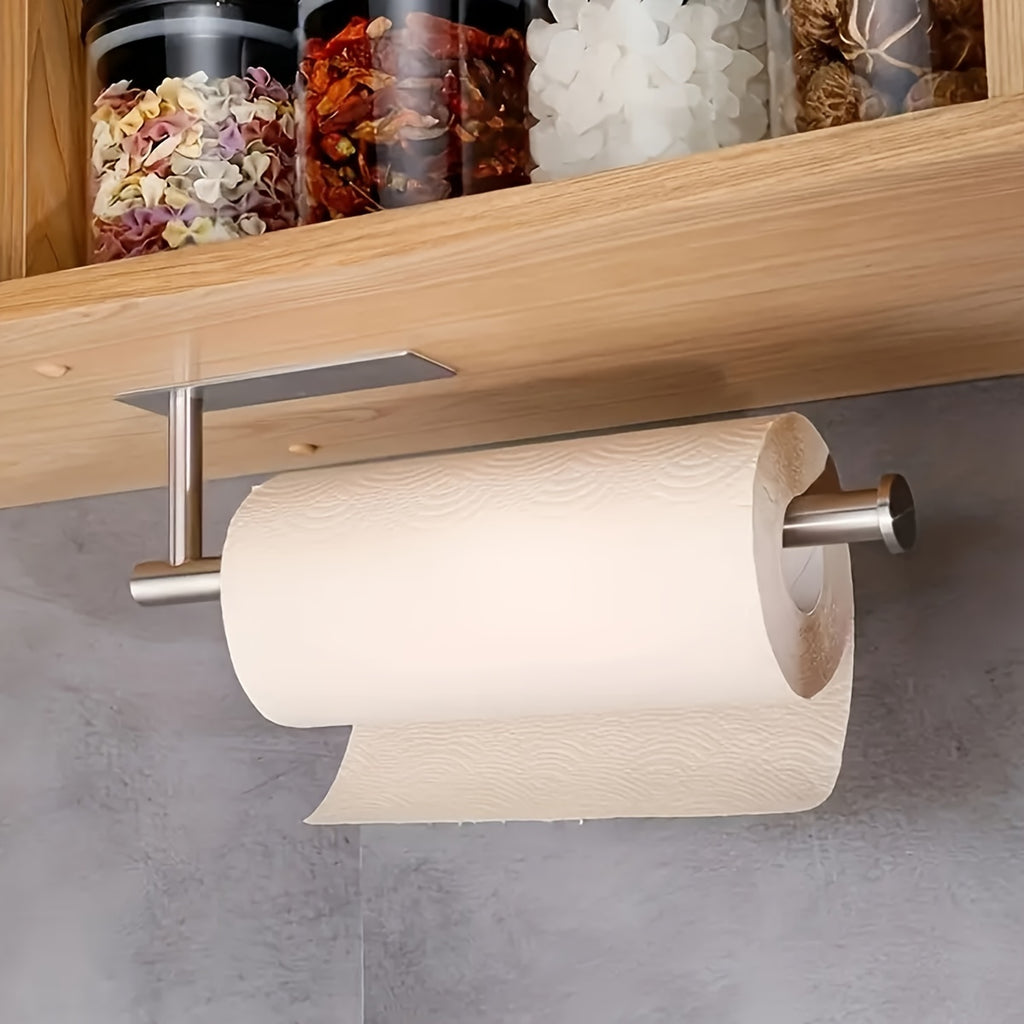 1pc No-Drill Self-Adhesive Wall Mount Paper Towel Holder - Stainless Steel Kitchen & Bathroom Organizer for Roll Paper, Cling Wrap, Towels & Utensils, Modern Space-Saving Design, Drill-Free Install, Sleek Metal Finish, Easy Setup
