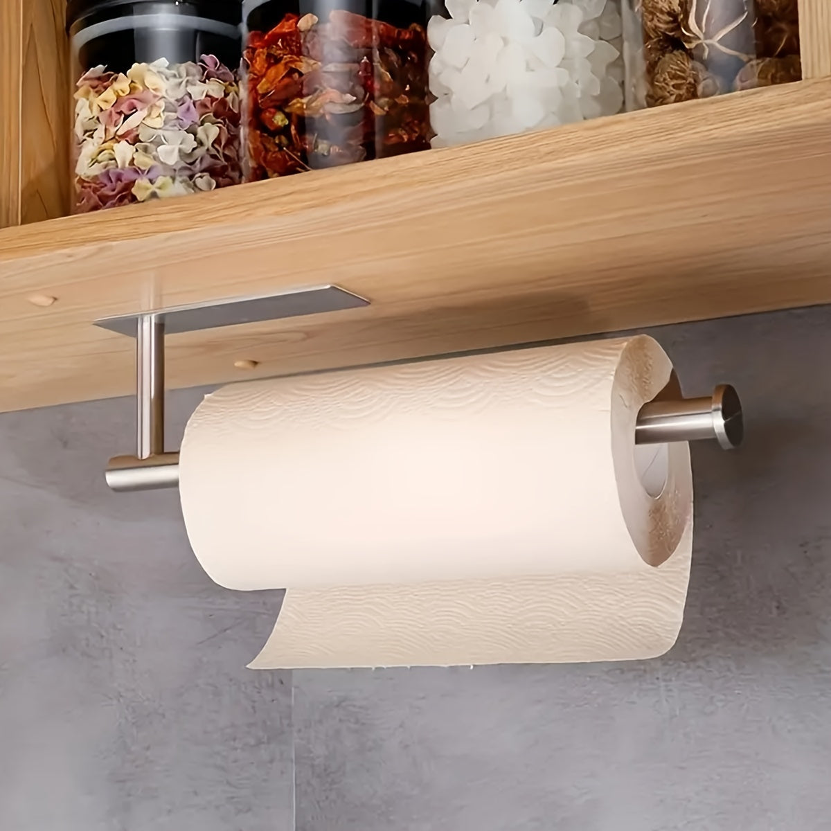 1pc No-Drill Self-Adhesive Wall Mount Paper Towel Holder - Stainless Steel Kitchen & Bathroom Organizer for Roll Paper, Cling Wrap, Towels & Utensils, Modern Space-Saving Design, Drill-Free Install, Sleek Metal Finish, Easy Setup
