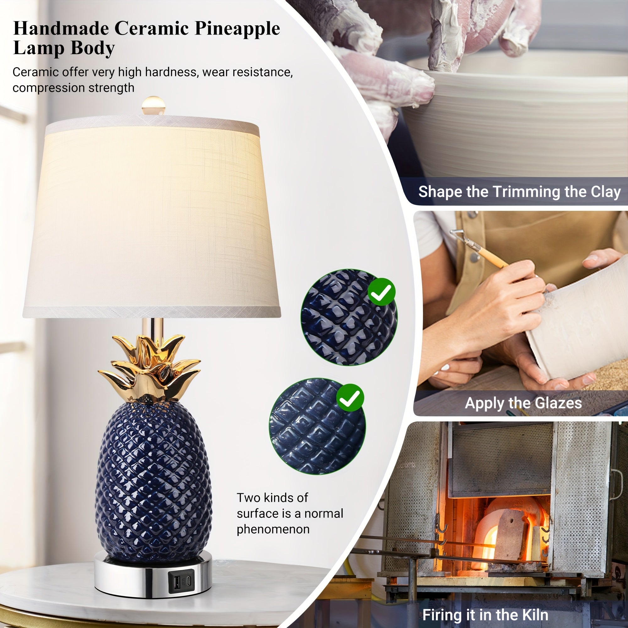 2 sets of 22-inch pineapple table lamp, 3-level adjustable ceramic table lamp, suitable for living room, navy blue modern table lamp, with USB port, high coast table lamp, suitable for bookstore, restaurant, bedroom, office, 9-watt bulb included