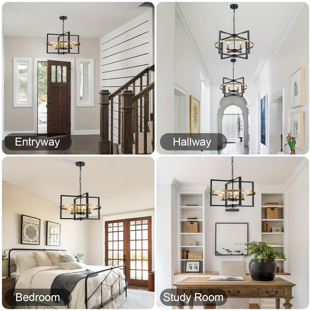 21.26-inch black gold modern farmhouse industrial pendant light - 4-light adjustable geometric design hanging lamp, polished metal + E12 bulb, suitable for kitchen island, dining room, front door entry, bedroom, dining room chandelier