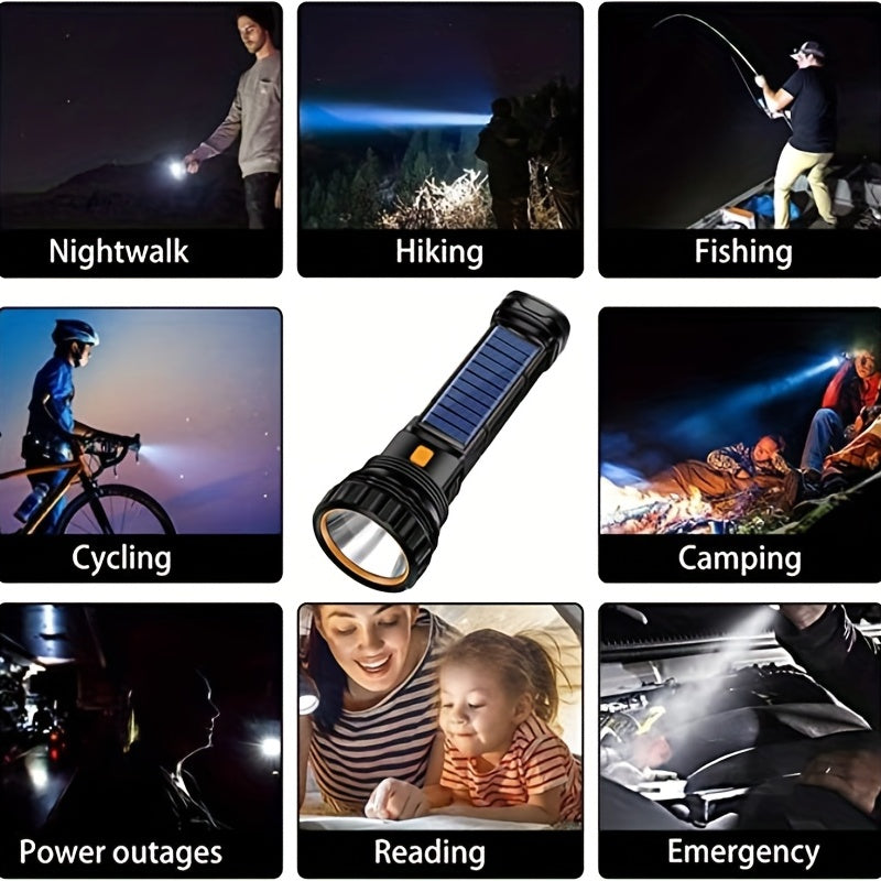 1 Solar/Rechargeable Multi-Functional LED Flashlight with Emergency Strobe, Battery, USB Charging Cable, Fast Charging, 800m Range, 3 Modes, Not Waterproof, PVC Material, ≤36V Operating Voltage
