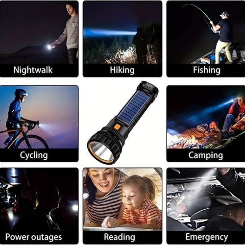 1 Solar/Rechargeable Multi-Functional LED Flashlight with Emergency Strobe, Battery, USB Charging Cable, Fast Charging, 800m Range, 3 Modes, Not Waterproof, PVC Material, ≤36V Operating Voltage