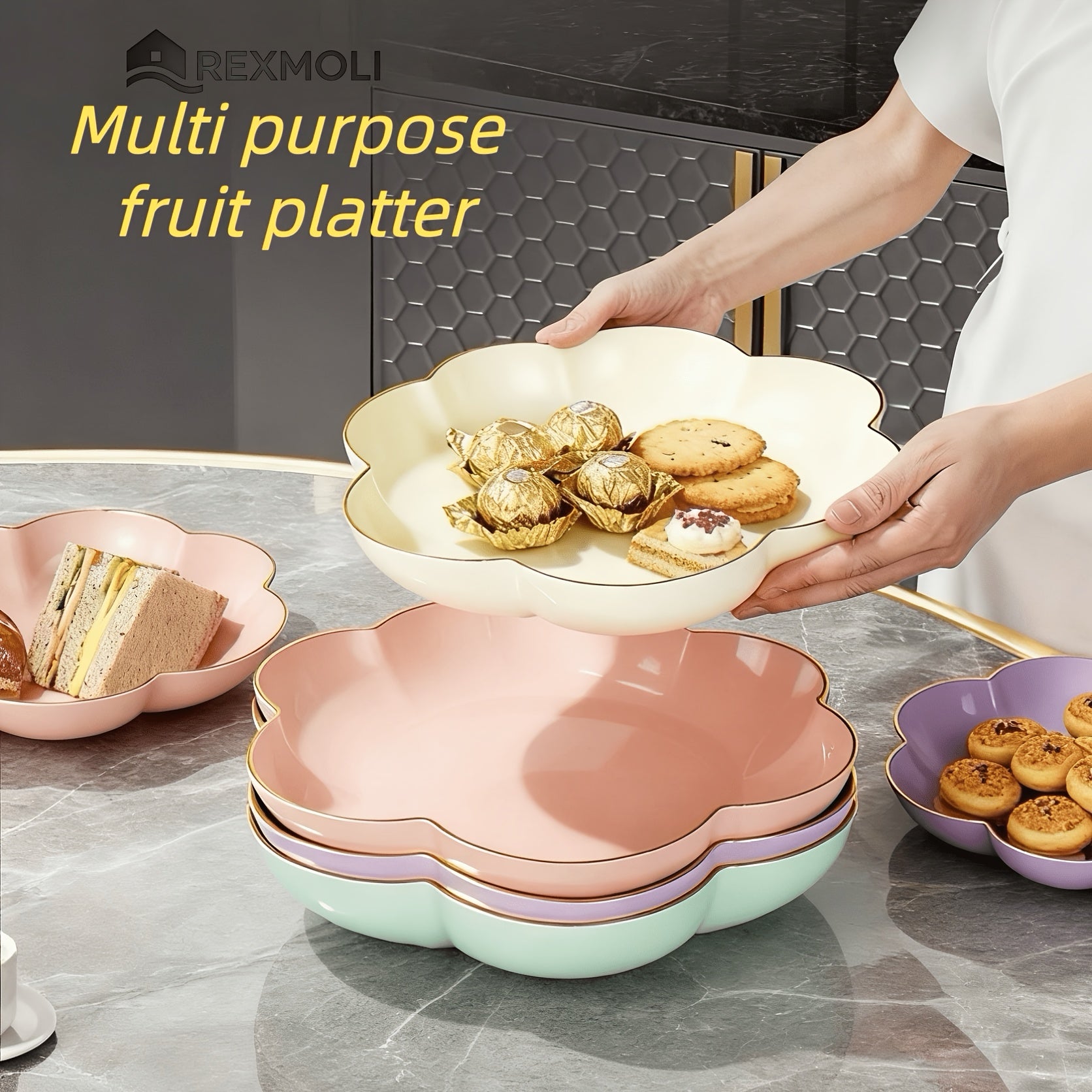 3-Piece Gold Rim Floral Fruit Bowl & Cake Stand Tray Set, New Year Candy Tray – Perfect for Afternoon Tea or Party Food, Outdoor, Hotel – Ideal for Living Room Decor, Family Dinner Table Fruit Bowl, Dessert Plate