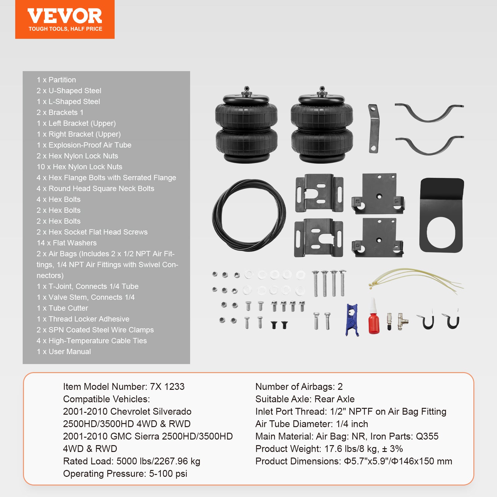 VEVOR Air Bag Suspension Kit, Air Spring Suspension Bag Kit, 5000 Lbs Load Capacity, 5 to 100 PSI