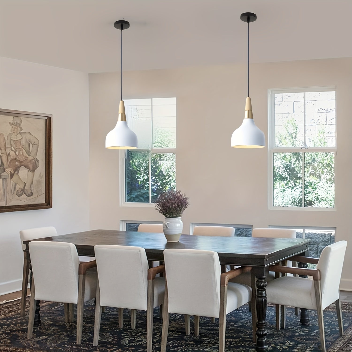 Modern E26/27 pendant light industrial art decorative ceiling lighting fixture simple Nordic style hanging lampshade single-head for dining room, kitchen island, hallway, store (wood, white)