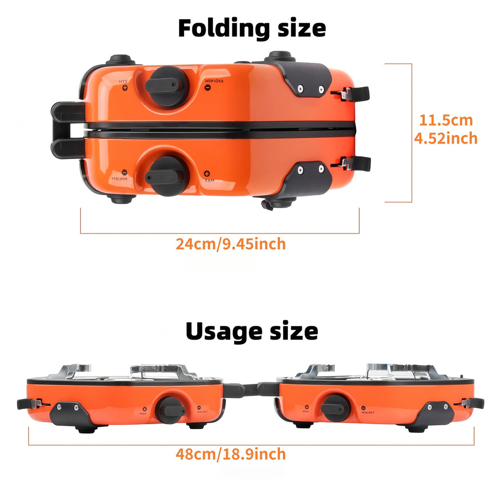 Portable Folding Camping Stove, Dual Burners That Work Simultaneously, Carbon Steel Housing, Built-in Ignition and Flame Control, Ideal for Outdoor Camping, Hiking, Adventure, and More
