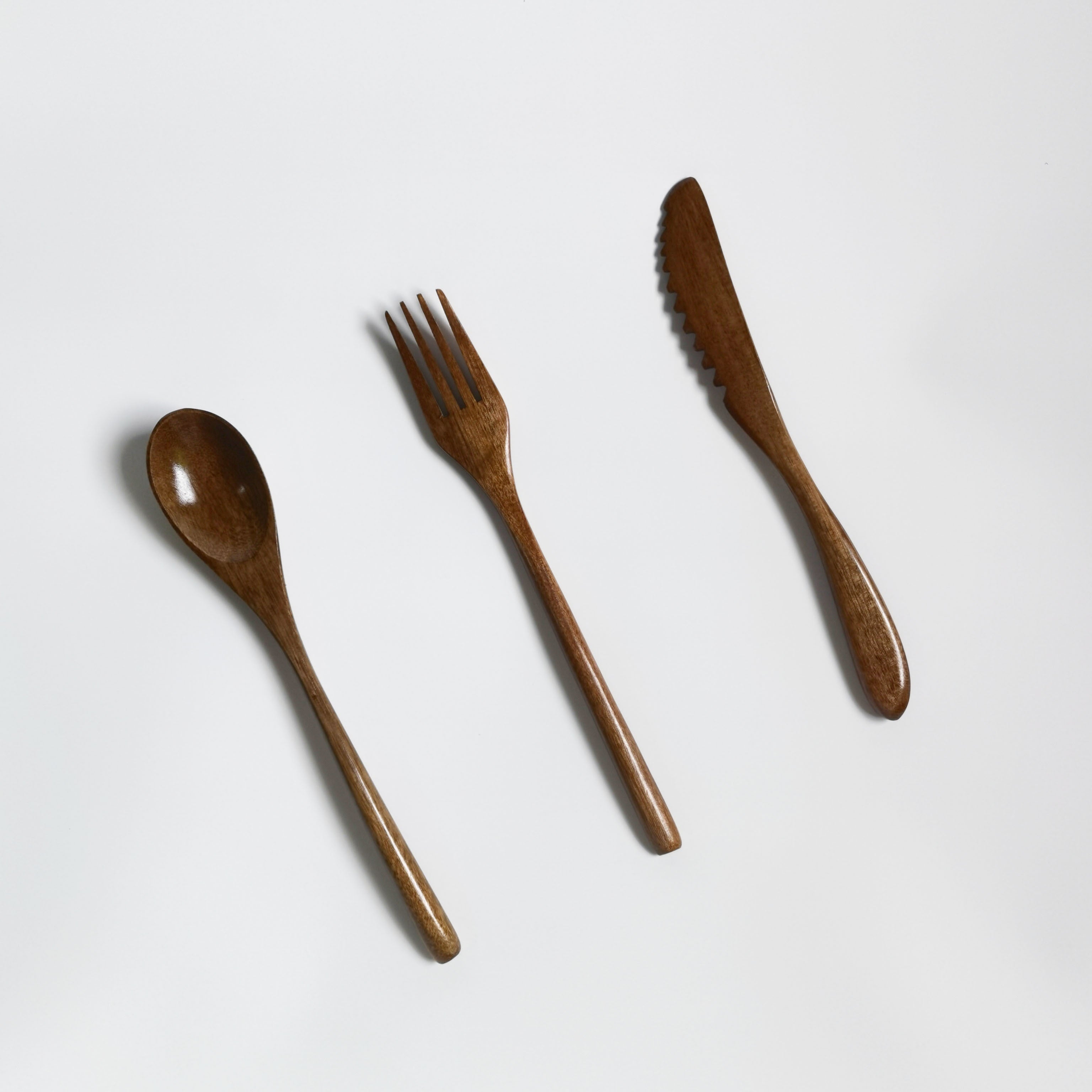 Handcrafted Nanmu Wood Cutlery Set – Solid Wood 22.5cm Knife, Fork & Spoon – Natural Wood Texture, Vintage Design, Simple Rustic Style Cutlery Set