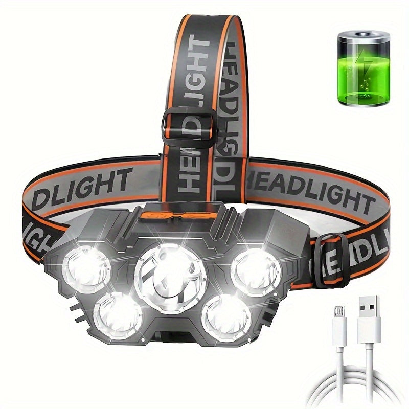 1pc LED Headlamp, Rechargeable, Bright & Powerful with 5 LEDs, Portable Headlight for Outdoor Camping & Emergency Lighting, IP44 Waterproof, Fishing & Outdoor Work Light