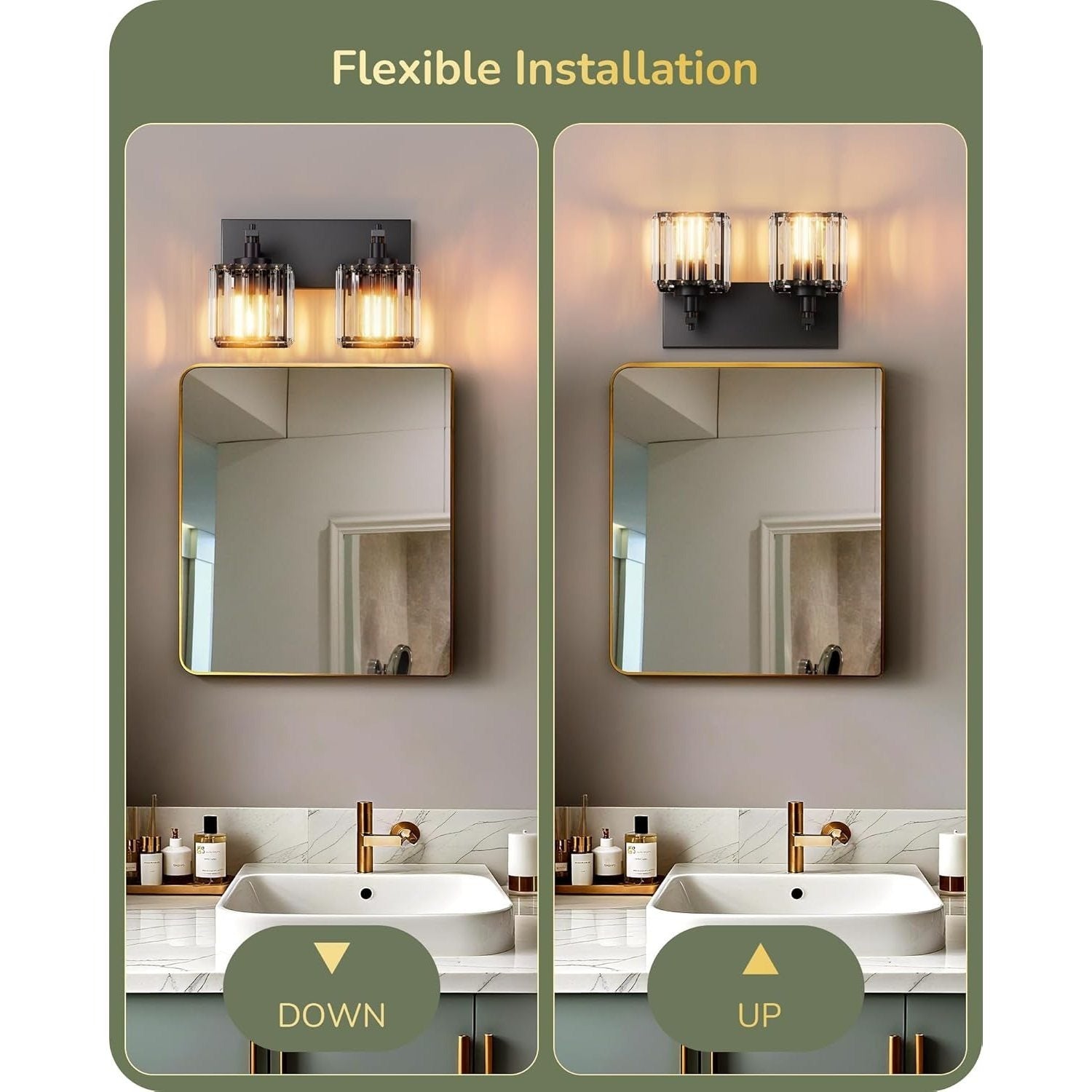 EDISHINE Double-Head Crystal Bathroom Vanity Light, Black Wall Mount Mirror Light, Modern E26 Screw Base Indoor Lighting Fixture, Suitable for Bathroom, Makeup Room, Bedroom