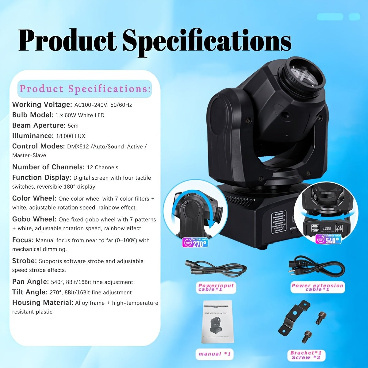 60W stage lighting moving head light, suitable for DMX512 interface, 8 gobos, 8 colors, sound control, 11 channels, 270° tilt, 540° pan, compact DJ light, suitable for weddings, disco, parties, club stage performances