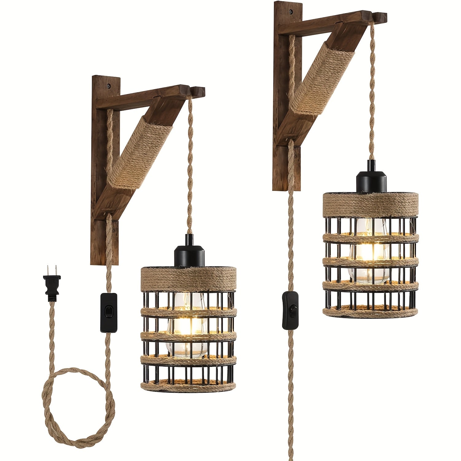 Two-Piece or One-Piece Plug-In Wall Light Without Wiring - Farmhouse Style Metal Cage and Wood Bracket Bedside Lamp, Suitable for Bedroom Headboard (Easy-to-Install Barn Light Decor) (Bulb Not Included)