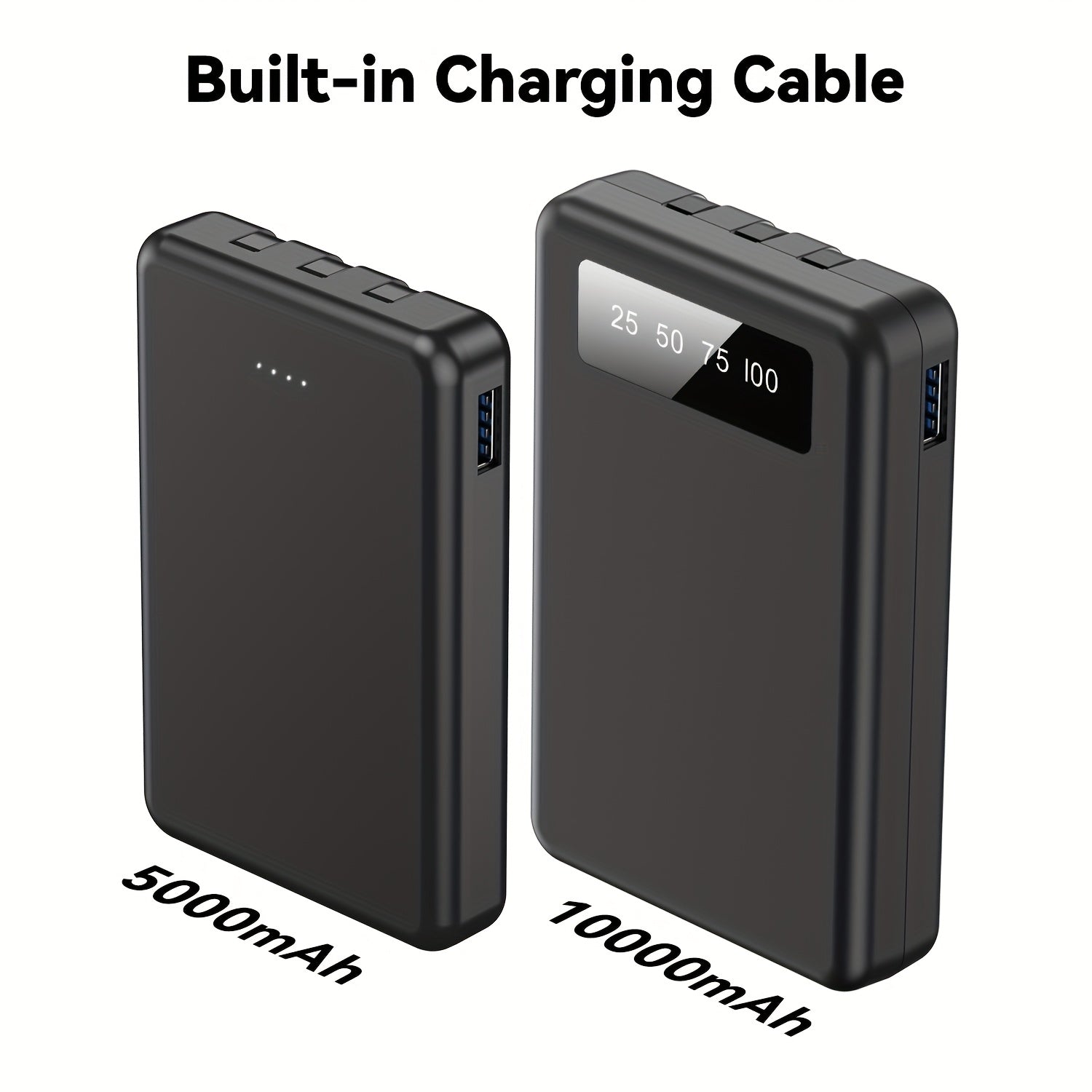 Portable Power Bank, Lightweight And Compact, 5000mAh/10000mAh, Mini Version with Built-in Cable, Can Charge 4 Devices Simultaneously with Type-C Input, LED Indicator Showing Remaining Capacity, Easy to Carry, Compact Charger with Built-in USB-C