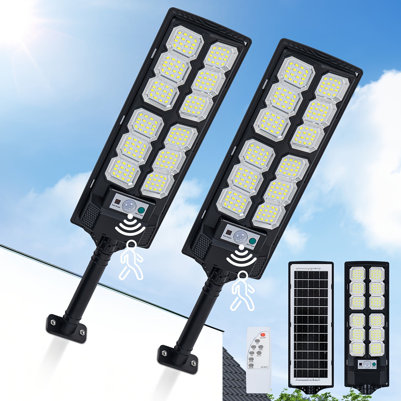 Super Bright LED Solar Street Light, Outdoor Waterproof Parking Lot Light, Garden Solar Lighting (Dusk to Dawn), Wide Angle Motion Sensor and Remote Control, Perfect for Garden, Patio and Road Lighting