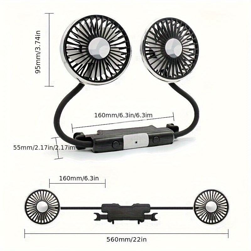 Dual-Head USB Car Hose Fan, Rear Seat Specific, 360° Rotation, 3-Speed Strong Wind, USB Powered Car Cooler, Compatible with Laptops, for Sedans, SUVs, RVs, Trucks