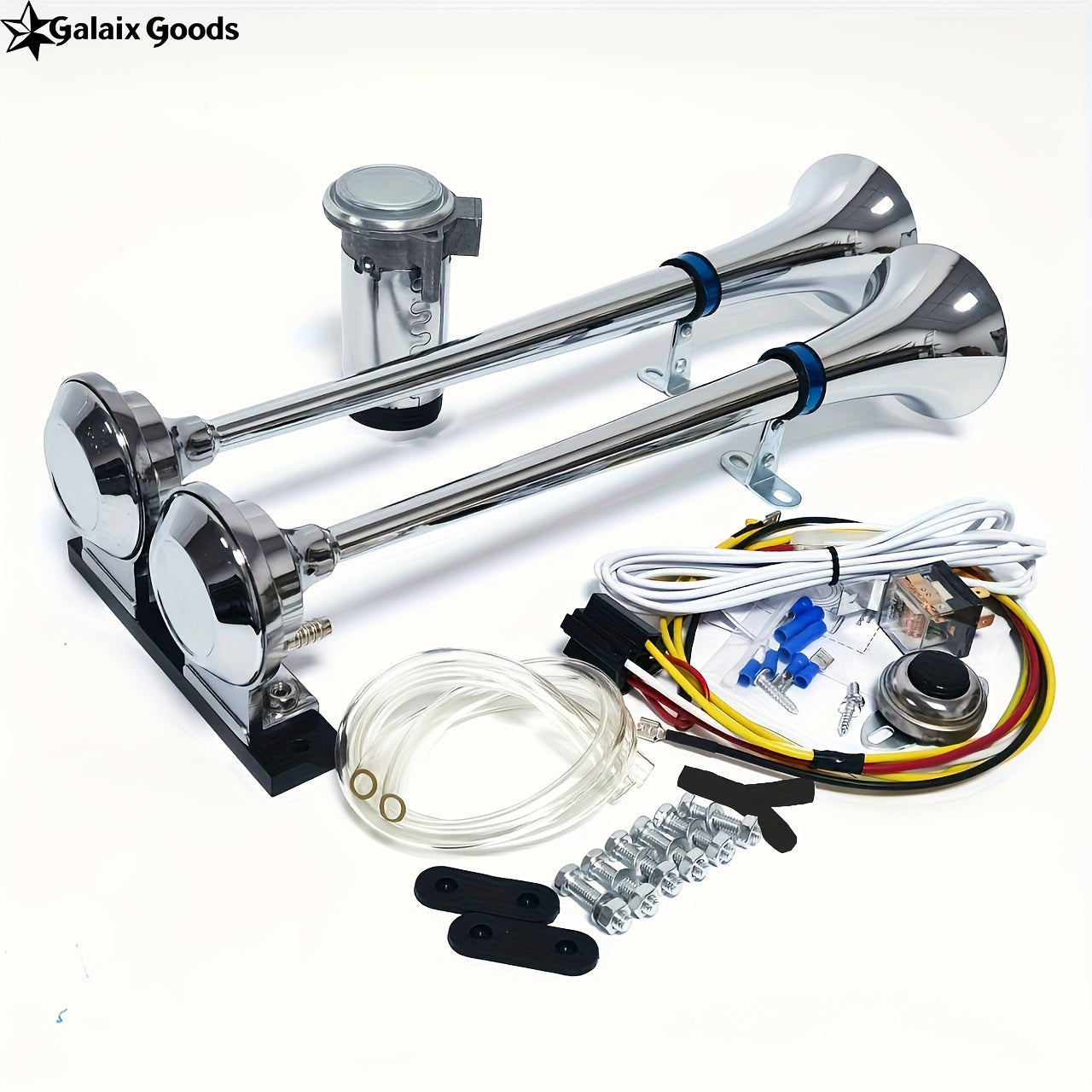 Silver 17-Inch Dual Trumpet Air Horn Set 12/24V Air Horn Zinc Alloy Marine Horn, Suitable for Boats, Sailboats, Yachts, Trucks, SUVs, RVs and More