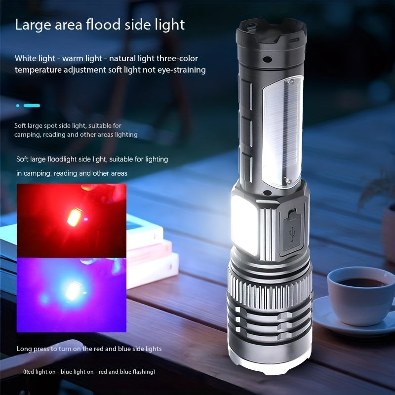 Solar Charging LED Flashlight High Lumen 2400mAh Battery COB Side Fill Light 9 Lighting Modes Zoomable & Beam Adjustable Non-Slip Grip Handheld Flashlight for Camping Mountaineering Home Daily Lighting