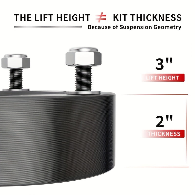 Suspension Lift Kit Material: 6061 Aluminum, Fitment: 2004-2024 for Ford F150 2WD and 4WD 3" Front；OD: 149MM, ID: 77.7MM, Thickness: 50MM. PCD: 3X117-3X117. Includes: M10*1.5*40 Hex Socket Screws x6, M10*1.5 Lock Nuts x6