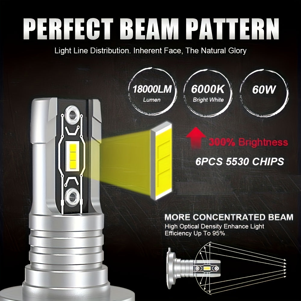 Set of 2 H7 LED Headlight Bulbs, Equipped with Canbus 5530 Chip, Provides 18000 Lumens of 60W White Light, Suitable for Cars, Trucks and Motorcycles, No Battery Needed