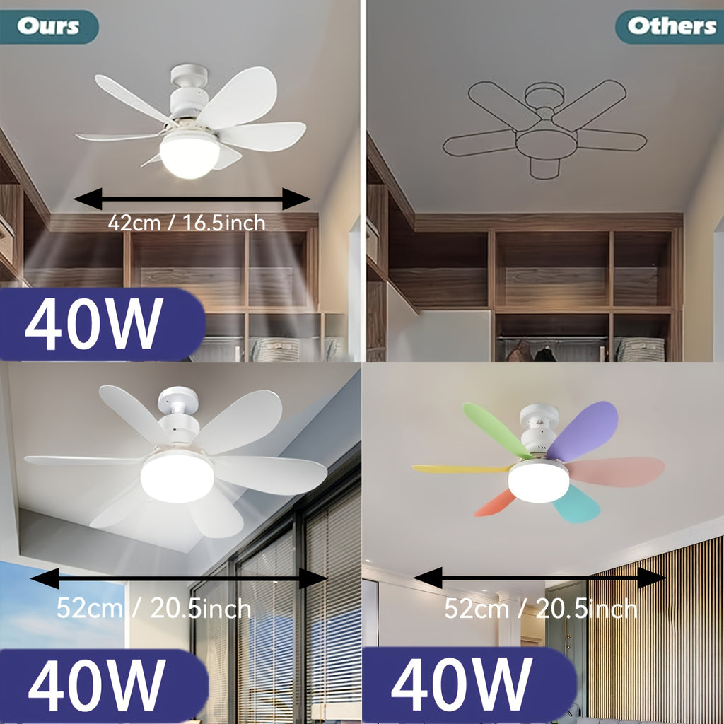 Remote Control Ceiling Fan Light, Integrated LED Lighting & Fan, 3-Speed Quiet Wind and 3 Color Temperature Adjustment 3000K-4500K-6500K, Tool-Free Installation & Timing Function, E26/E27 Interface 6-Blade Fan Light
