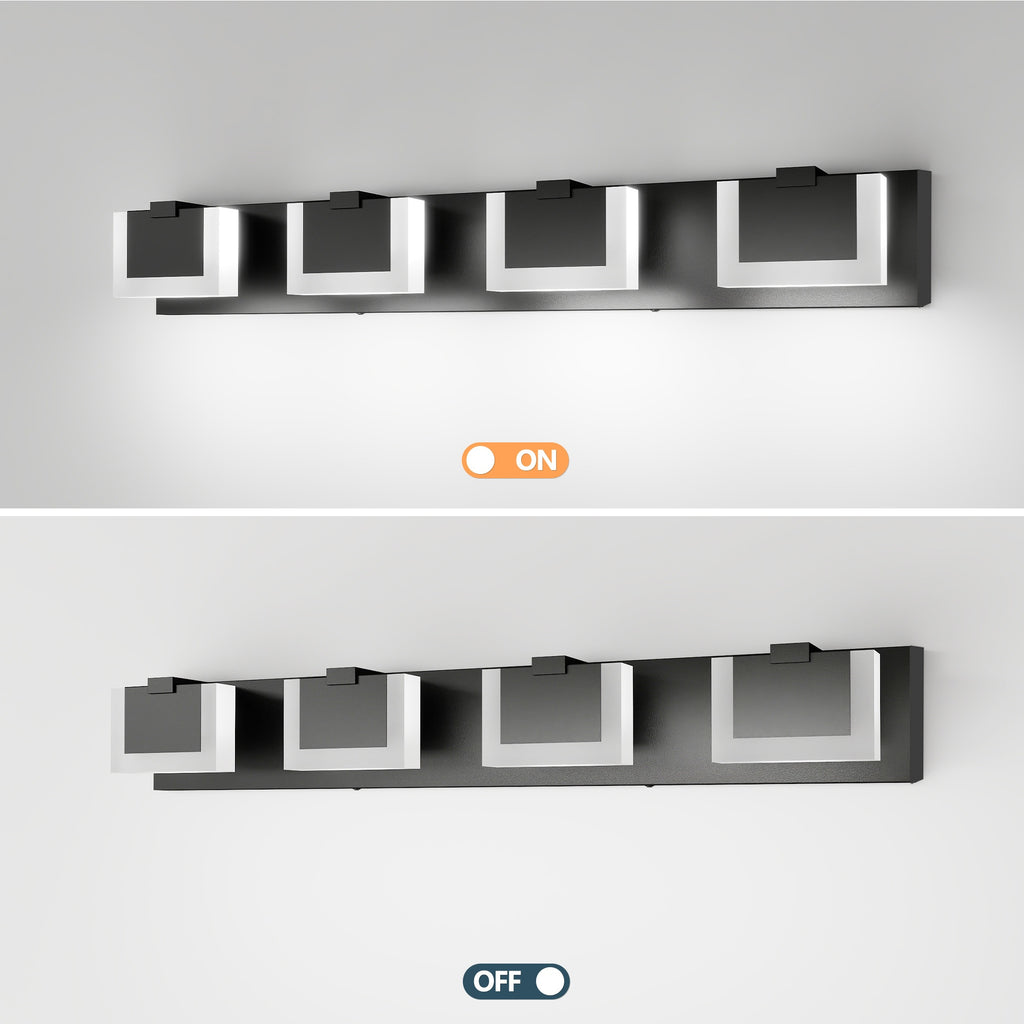 30-Inch 4-Light Bathroom Vanity Light, Elegant Modern Bathroom Wall Light, with LED Light Source and Square PC Material Shade, Wall-Mounted Fixture, Made of Stainless Steel, Dimmable, Suitable for Bathroom, Living Room, Bedroom (Black)