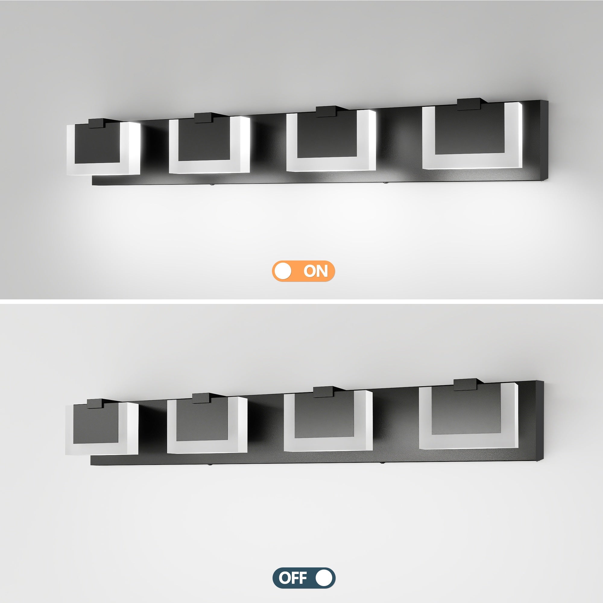 30-Inch 4-Light Bathroom Vanity Light, Elegant Modern Bathroom Wall Light, with LED Light Source and Square PC Material Shade, Wall-Mounted Fixture, Made of Stainless Steel, Dimmable, Suitable for Bathroom, Living Room, Bedroom (Black)