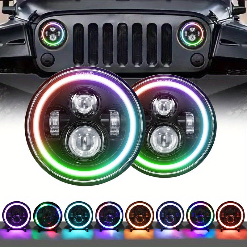 7-Inch Headlight Round Headlight with High/Low Beam and Daytime Running Light, Colored Angle Eye Light, Suitable for Cars and Motorcycles, No Battery Included