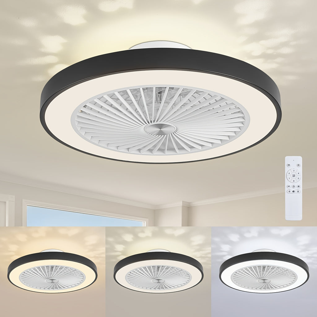 Low Profile Flush Mount Ceiling Fan with Light, 6-Speed Dimmable Bladeless Reversible Fan Light, Suitable for Bedroom, Dining Room, Living Room, Kitchen