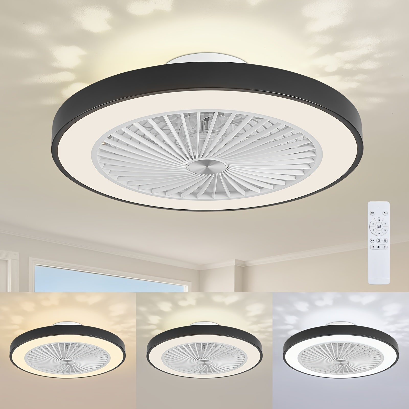 Low Profile Flush Mount Ceiling Fan with Light, 6-Speed Dimmable Bladeless Reversible Fan Light, Suitable for Bedroom, Dining Room, Living Room, Kitchen