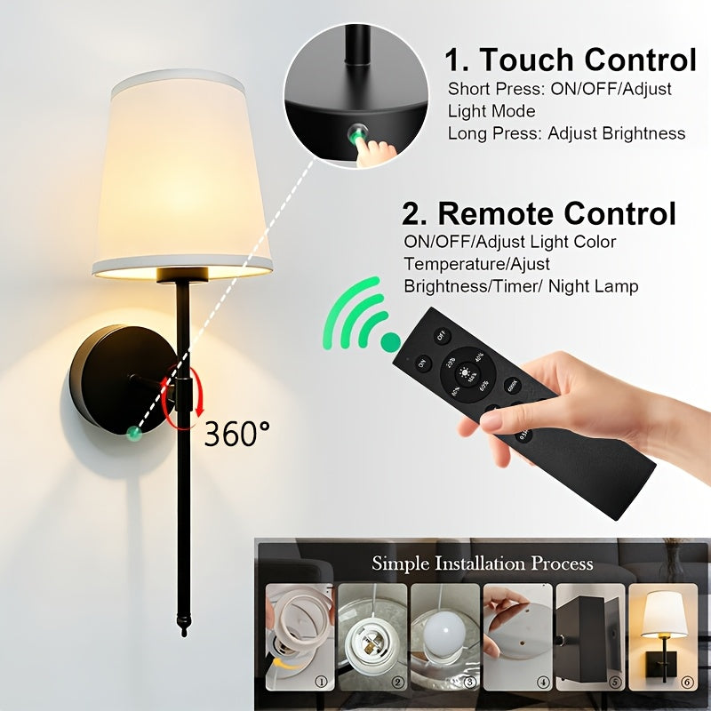 Battery Operated Wall Light, Black Rechargeable Wall Light with Dimmable Removable Bulb and Remote Control, Wireless Wall Light Suitable for Bedroom, Living Room, Hallway Home Decor, Suitable for Bedroom, Living Room, Home