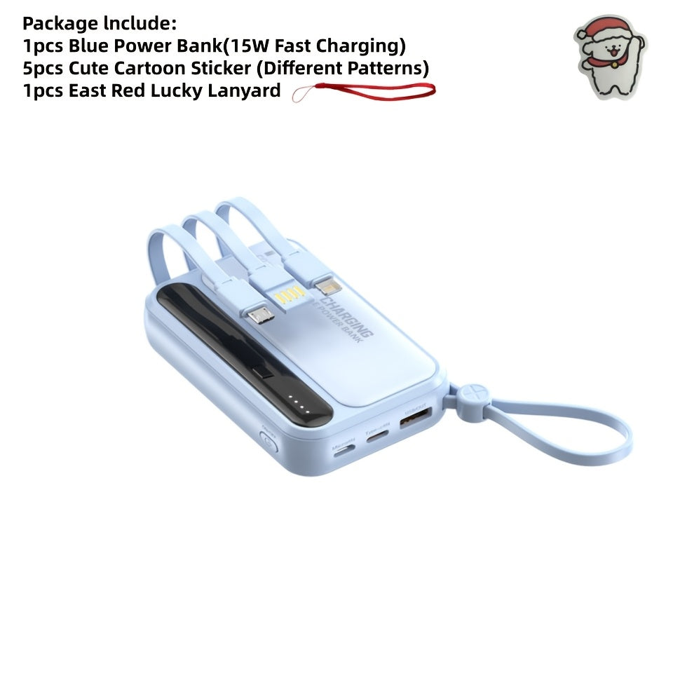 這是一款可愛設計的超薄 10000mAh 電池，提供 5-15-22.5W 超快充。它具有大容量、可充電功能，並配備四條內建充電線。