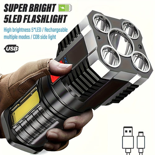 1-Pack High-Brightness Handheld Rechargeable Flashlight, Rechargeable Camping Flashlight, IP44 Outdoor Light with COB Side Light, 4 Lighting Modes, Ideal for Camping, Hiking, Outdoor Activities & Home Emergency Use