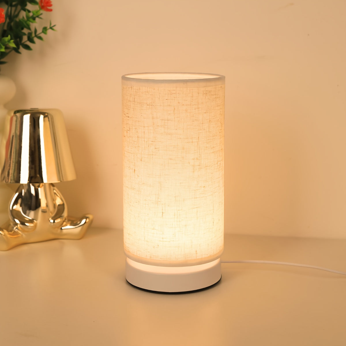 1 piece modern linen cylinder table lamp, with warm ambient lighting, USB powered and switch control - perfect for bedroom, office, nightstand, bookshelf decoration - cozy holiday gift, battery not included, bedroom light