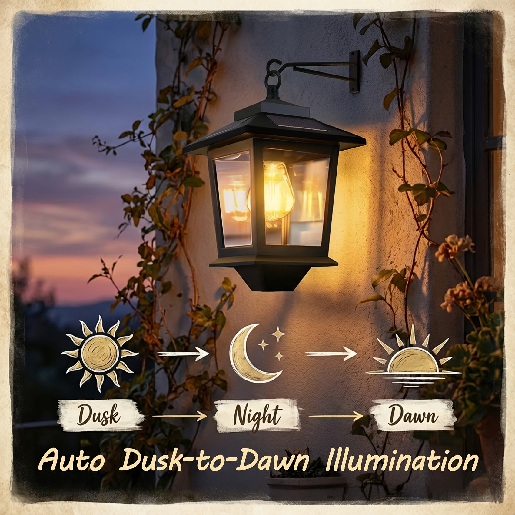 2-Pack IP44 Waterproof Solar Outdoor Wall Light - Dusk to Dawn LED Wall Light with 4 Solar Panels and Hooks, Rust-Proof Design and Replaceable Bulb, Bright Decorative Solar Light for Yard, Perfect Holiday Gift