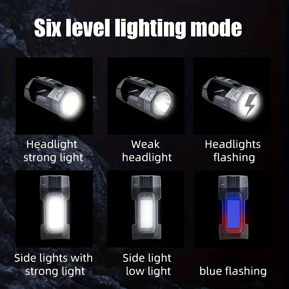 Rechargeable Portable LED Camping Lantern, 6 Modes, Portable COB Work Flashlight with Side Light, Blue & Red Flashing, Emergency, Ideal for Camping, Fishing, Repairs & Emergency Situations