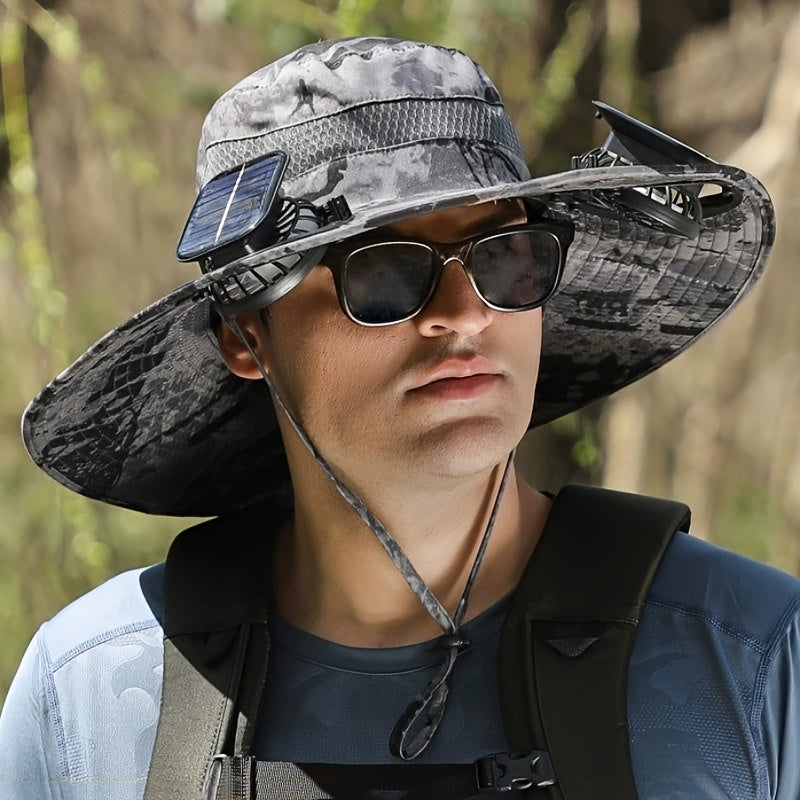 Solar Fan Sun Hat, Rechargeable with Charging Port, Summer Outdoor Wide Brim Bucket Hat, Adjustable Chin Strap, Breathable Mesh, Perfect for Outdoor Sports and Beach Activities