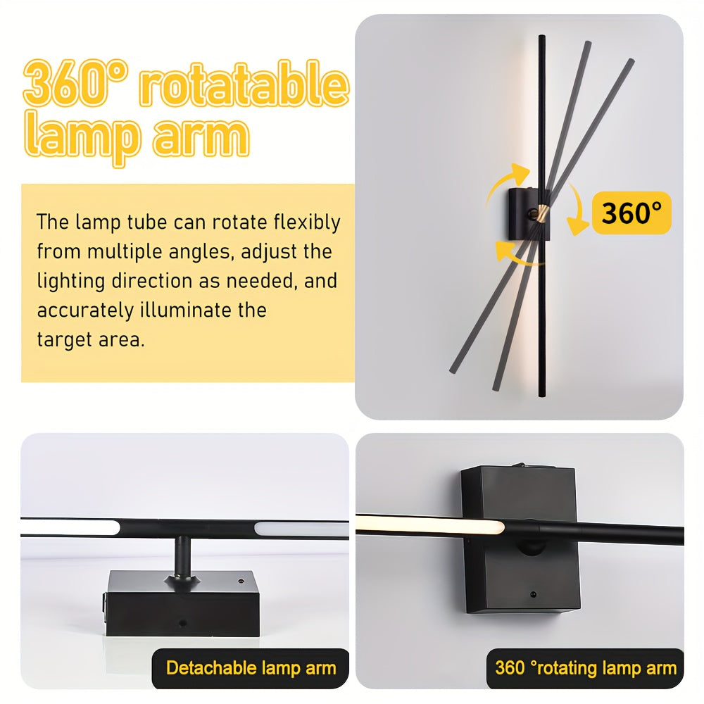 Battery-powered wall light set: 3600mAh rechargeable wall light with remote control, 360° rotatable cordless wall light decoration, suitable for TV/mirror bedroom living room, plastic base metal lamp tube