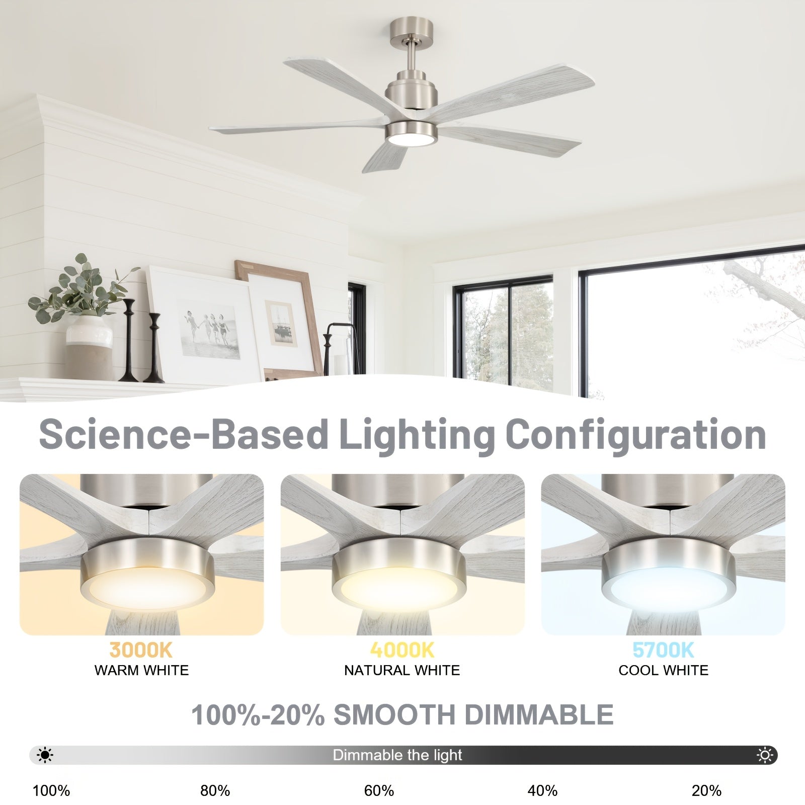 Sofucor 52 Inch Solid Wood Ceiling Fan with Remote & Light, 5/10/24" Downrods, 18W Memory LED Light, Reversible DC Motor, 1/4/8H Timer, 5 Wood Blades, Silent for Home Kitchen Living Room Bedroom