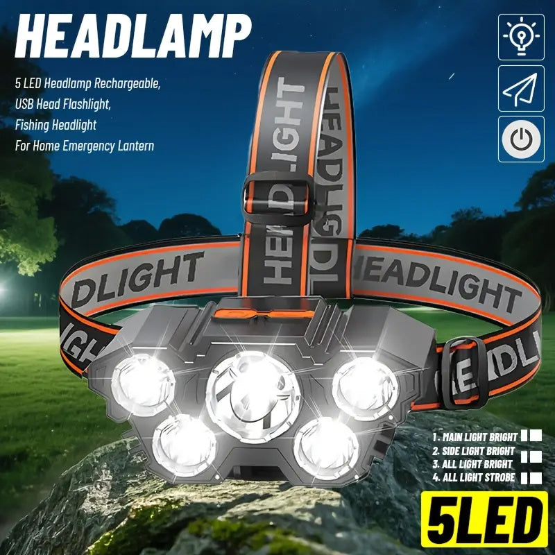 1Pc 5 LED Headlamp, USB Rechargeable, Hands-Free Design for Fishing, Adjustable Beam Angle, 4 Lighting Modes, Perfect for Fishing, Hiking, Camping and Outdoor Activities