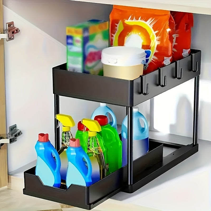 Multi-functional Pull-out Under Sink Organizer and Storage, Suitable for Bathroom & Kitchen, 2-Tier Sliding Cabinet Basket, Bathroom Cabinet Storage Box with Hooks, Storage Cup, Home Kitchen Accessories