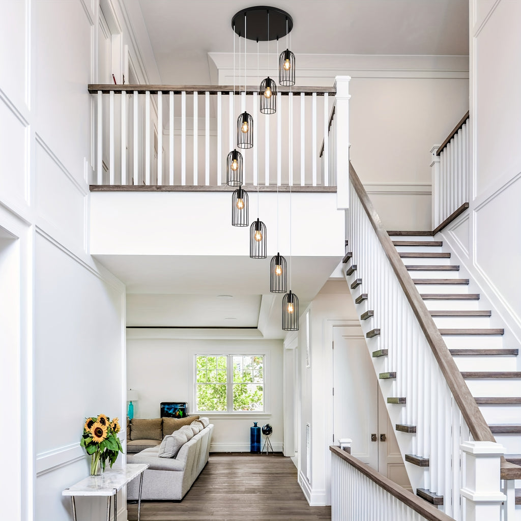 Ganeed modern staircase large chandelier, 114.2”/290cm tall unique cage chandelier long staircase ceiling pendant light, 8-light long spiral chandelier fixture, suitable for villa living room hall | LED light and home decoration