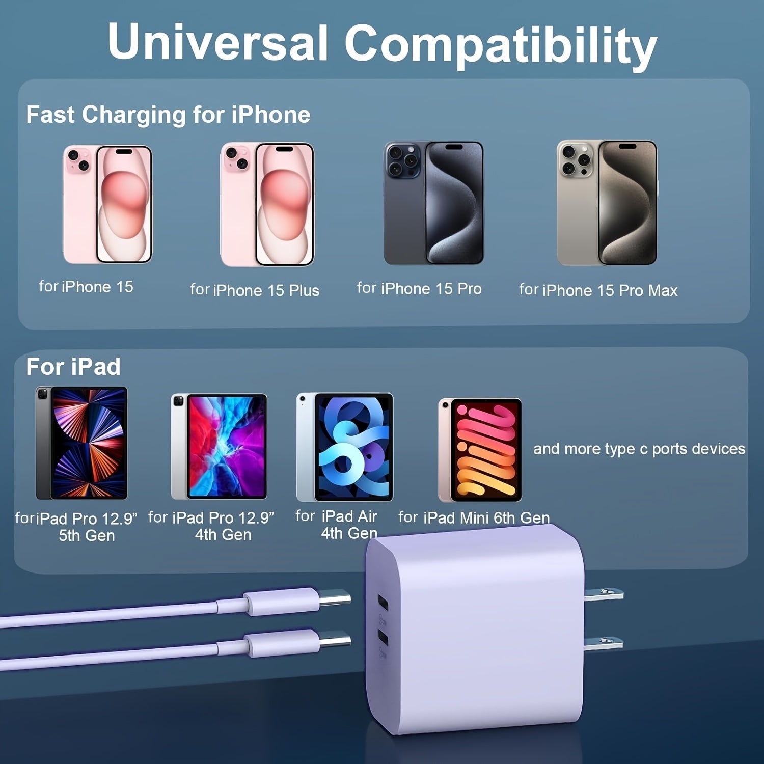 for iPhone 15 Fast Charger, 20W USB C Charger for iPad Charger Block with 6ft Type C to Type C Charging Cable for iPhone 15/15 Pro Max/15 Pro/15 Plus/iPad Pro/iPad Air and More