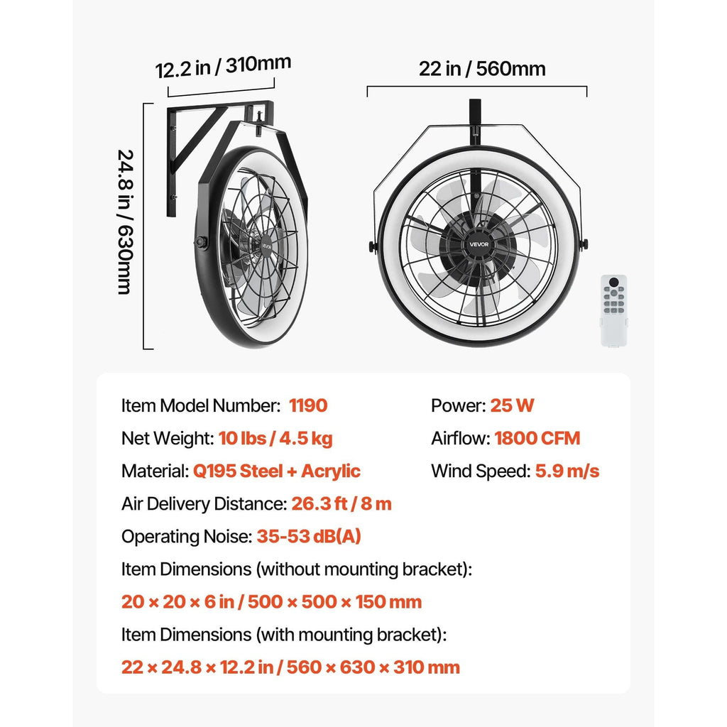 VEVOR 22 Inch Wall Mounted Fan with Light, Remote Control, 6 Speed Settings, for Patio, Workshop